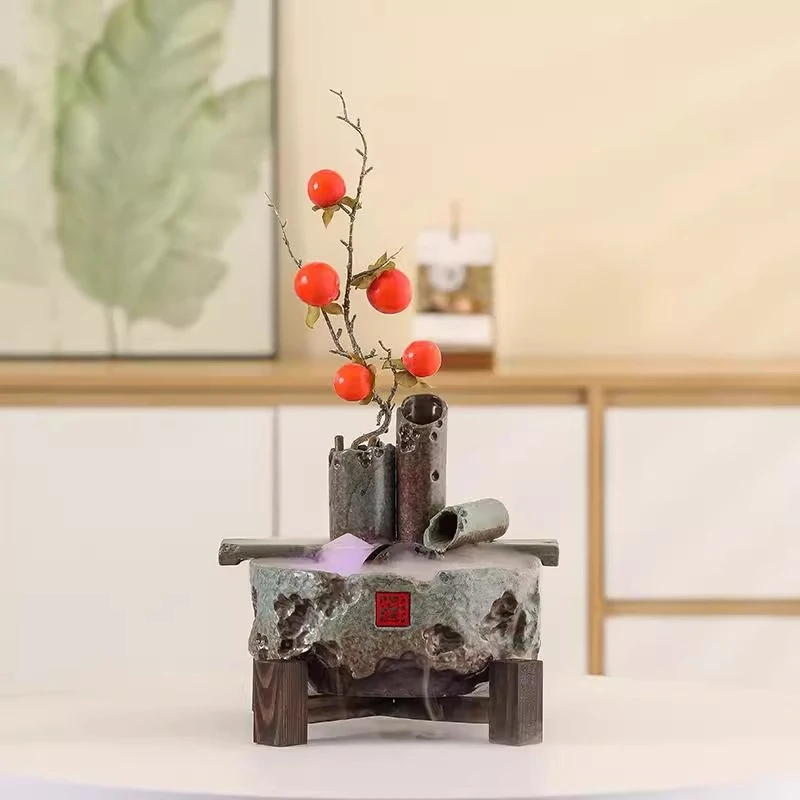 柿柿如意陶瓷流水循环水时来运转茶室桌面招财风水轮摆件开业礼品