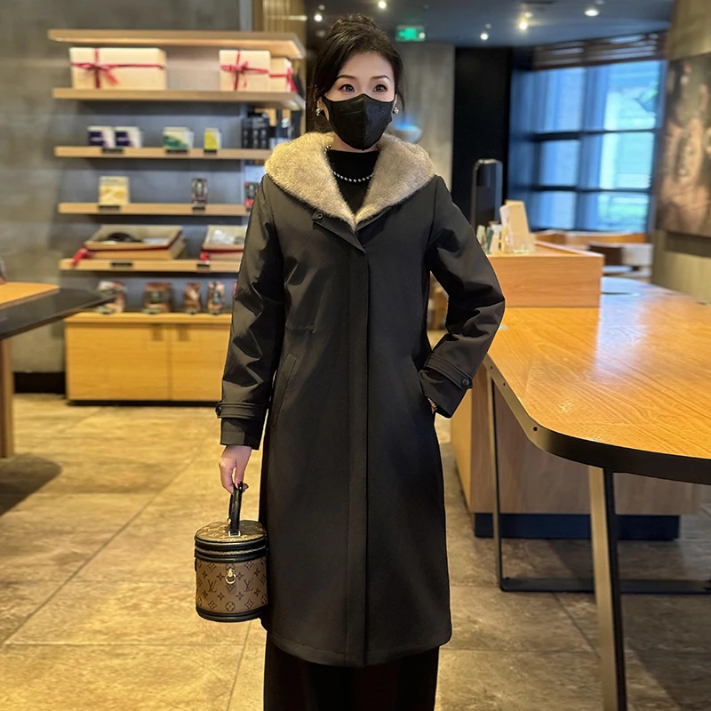 派克服女2024年冬季新款可脱卸水貂毛内胆中长款尼克服外套