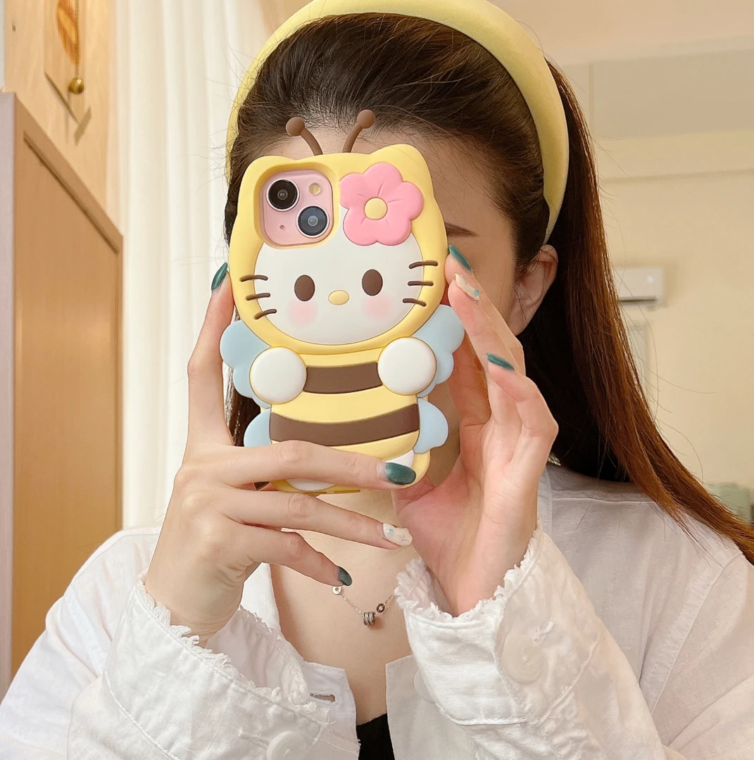 (适用苹果oppo华为vivo小米)蜜蜂kitty猫可爱卡通立体硅胶手机壳