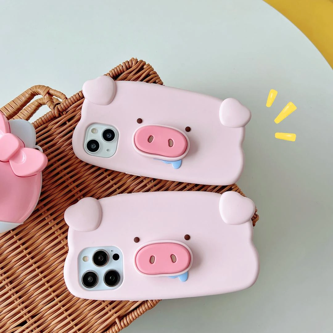 苹果|卡通流口水小猪支架适用iPhone17p可爱创意16防摔硅胶手机壳