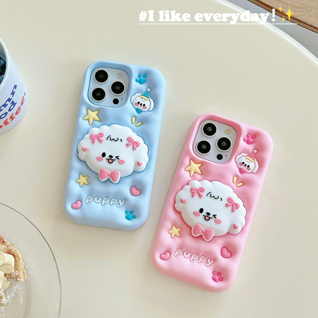 (苹果)puppy小狗支架卡通可爱适用iPhone16女款立体软硅胶手机壳