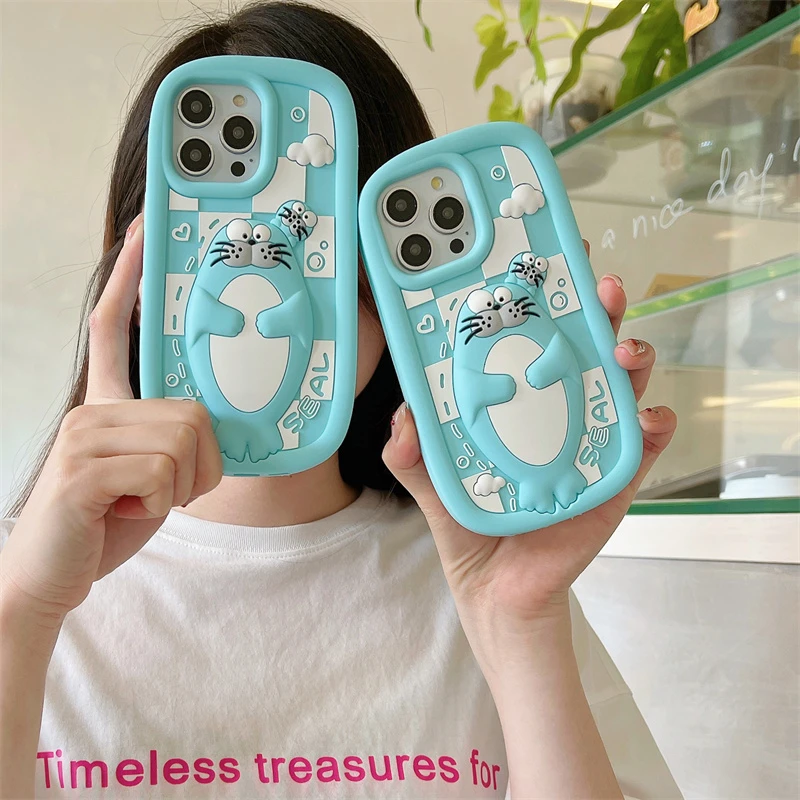 (适用苹果mate60)格纹海豹可爱iPhone15立体女款创意软硅胶手机壳