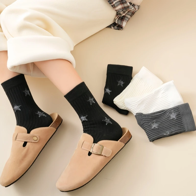 2024秋冬新款中筒袜子韩系五角星百搭ins吸汗防臭商务潮流时尚袜