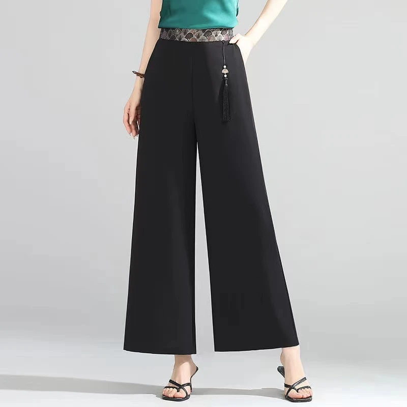 A130夏季裤女冰感透气阔高腰阔腿裤薄款宽松女士休闲直筒妈妈长裤