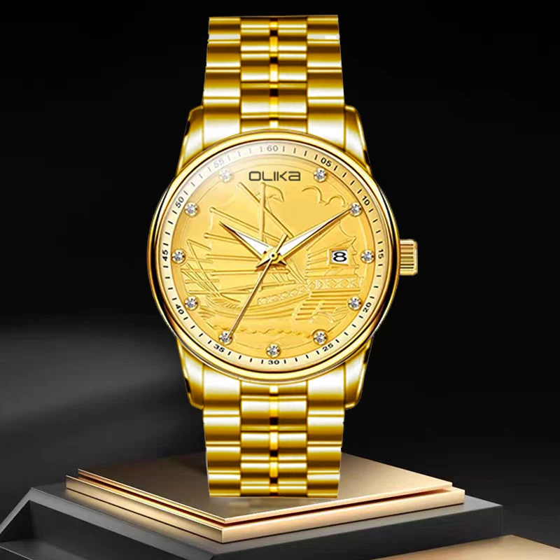 OLIKA/欧力嘉男士真金真钻一帆风顺时尚潮流经典金色腕表盒装J8