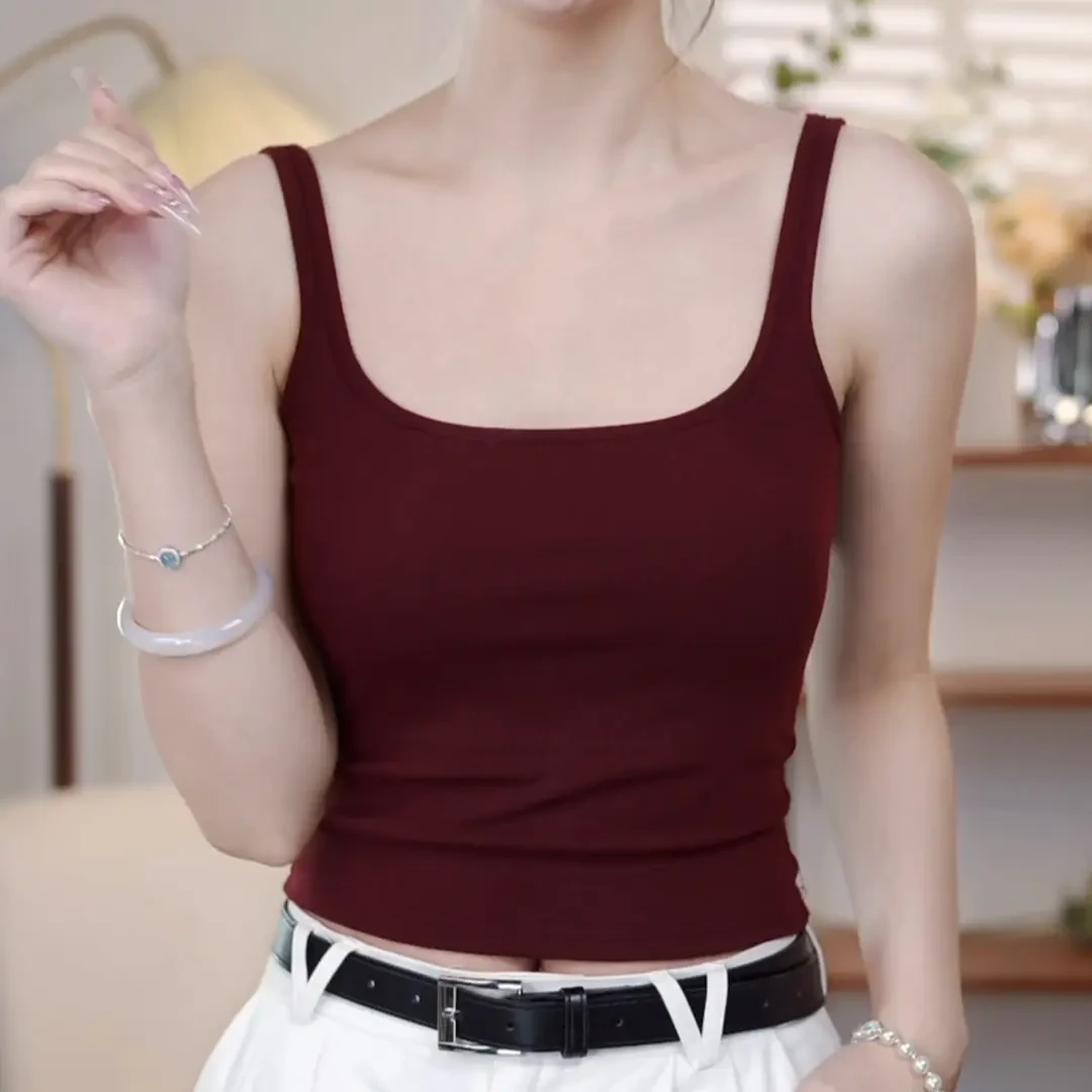 秋冬磨毛保暖打底背心吊带女加厚u方领设计带胸垫一体杯外穿美背