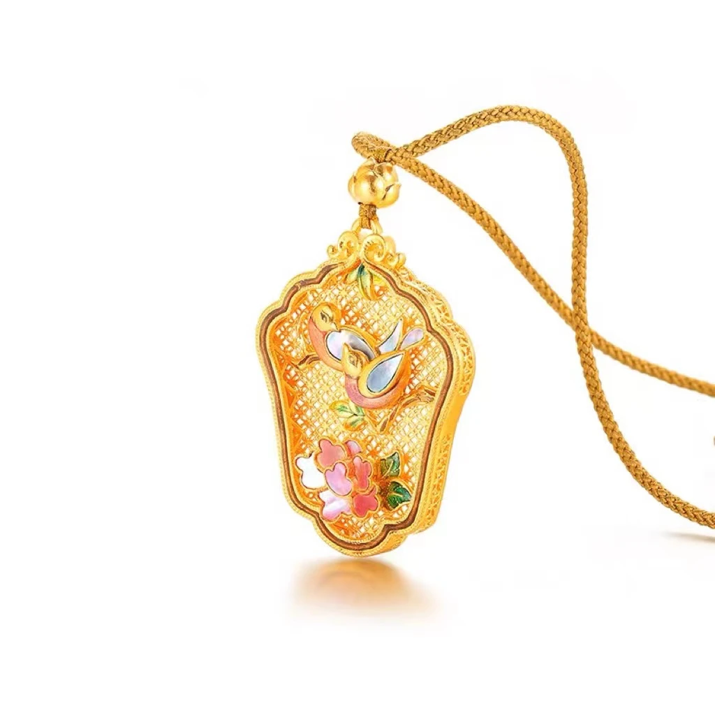 【钱金寳】古法黄金螺钿工艺金高档优雅精美喜鹊登枝吊坠（不含链）