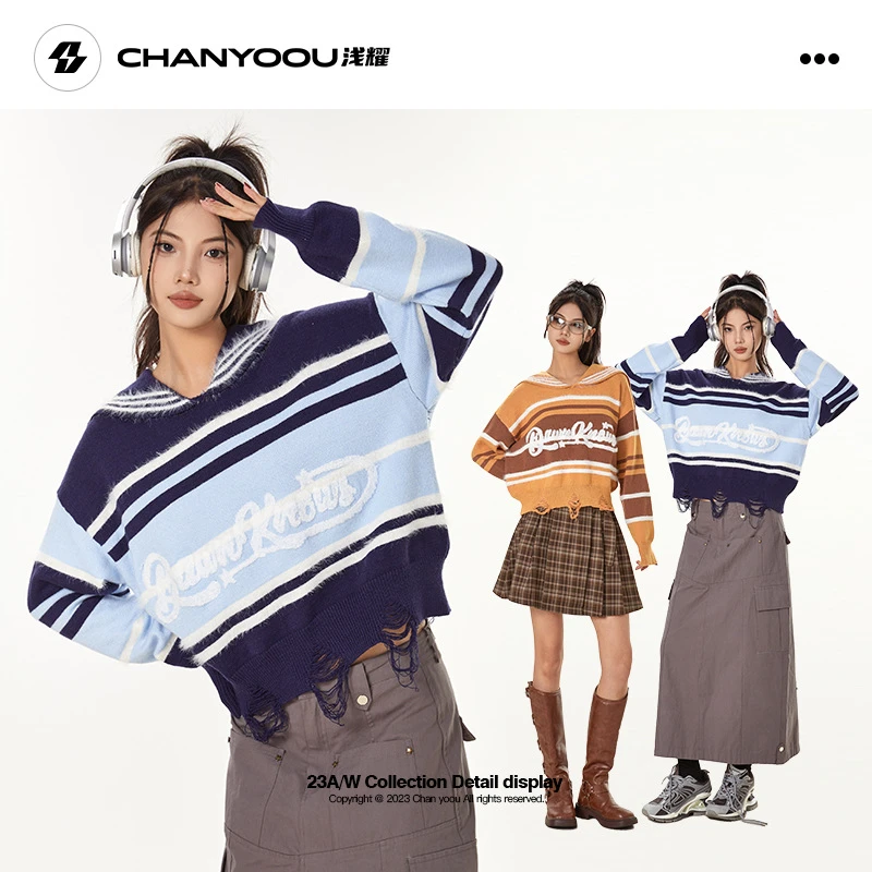 浅耀女装|学院风美式复古刺绣毛衣软糯V领短款套头针织衫DKZ051Q