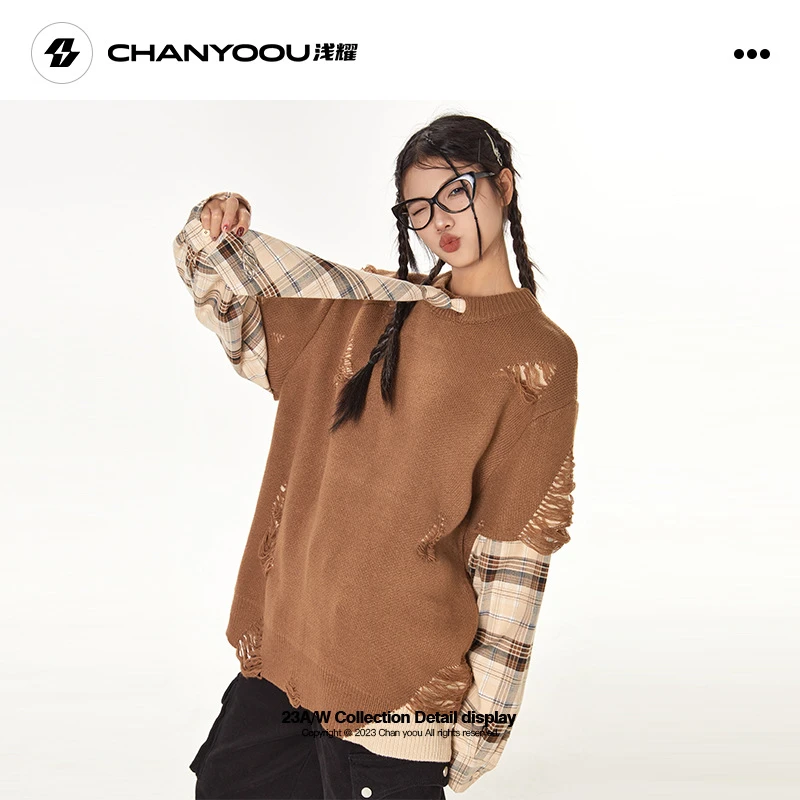 浅耀女装|假两件拼接格子破洞领带毛衣DKF112Q