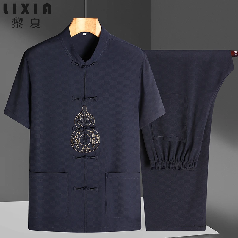 爸爸夏装冰丝短袖唐装夏季套装宽松薄款爷爷衣服中国风男款男士