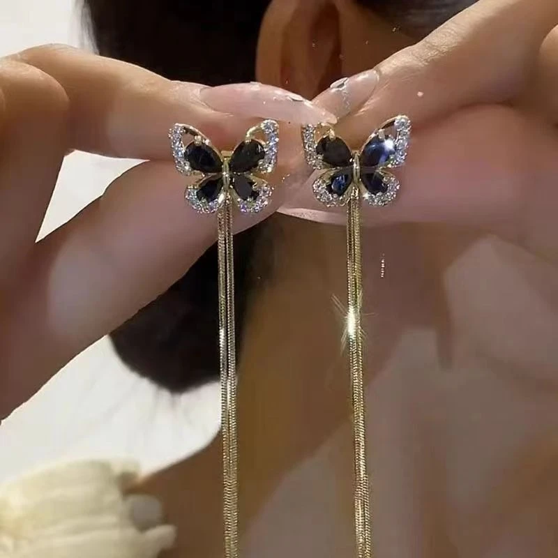 黑色蝴蝶耳钉长款流苏显脸瘦耳环复古港风新款百搭耳饰女