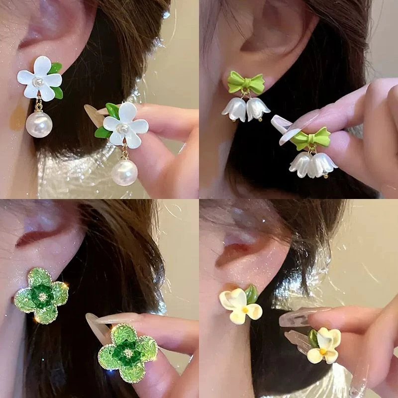 清新白色栀子花耳钉法式白花嫩绿耳环高级感耳坠温柔超仙耳饰