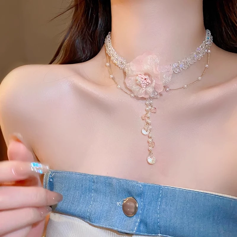合金仿珍珠项链  叠戴水晶珍珠项链女款粉色花朵锁骨链精致新款