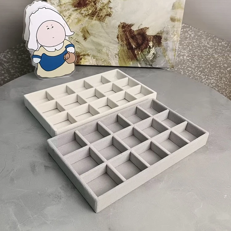 首饰盒/箱 绒布首饰拖盘珠宝耳环耳钉15格米灰色盒展示分隔内衬盒