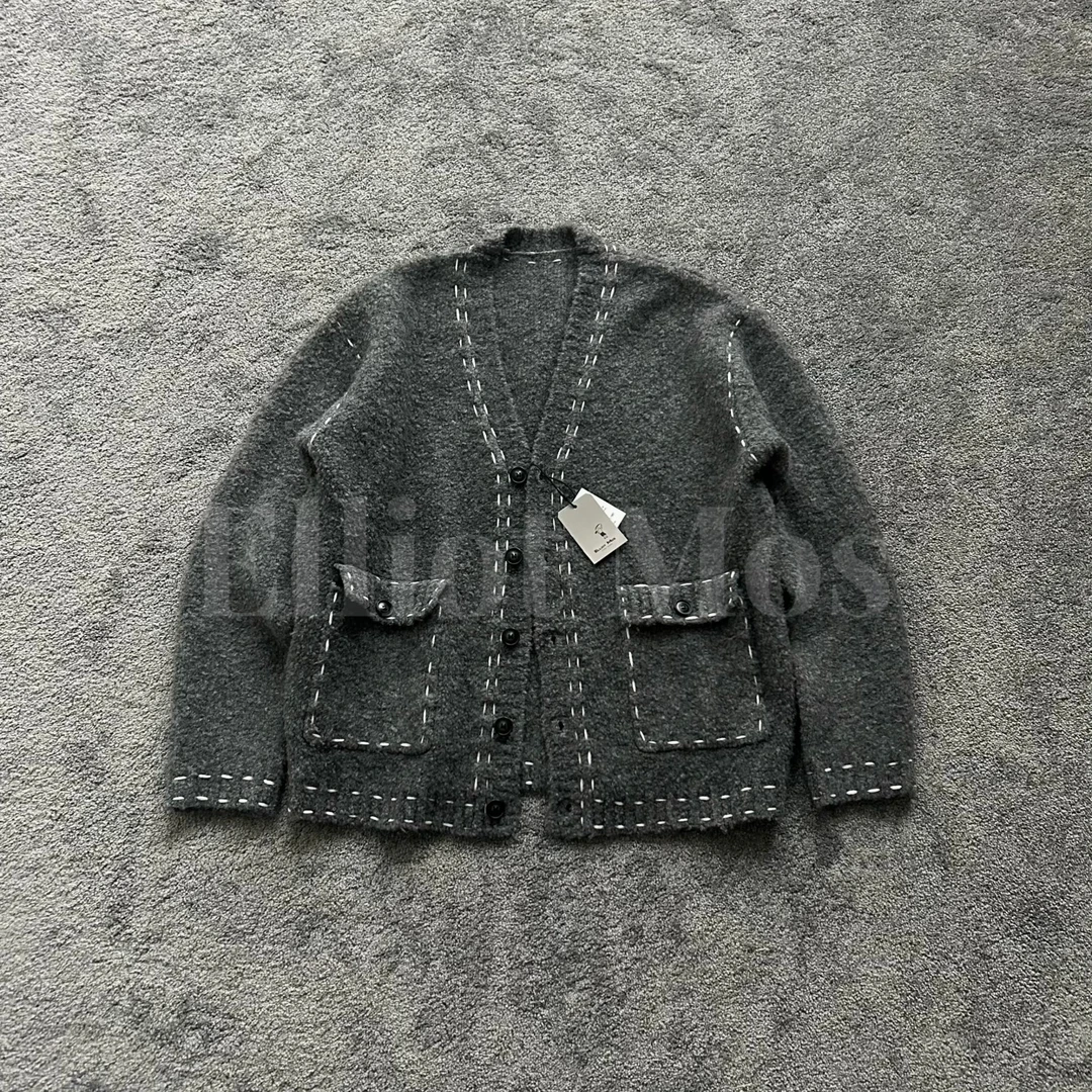 Elliot Mos手工虚线元素~V-Neck Sweater羊毛圈撞色毛衣开衫-0747