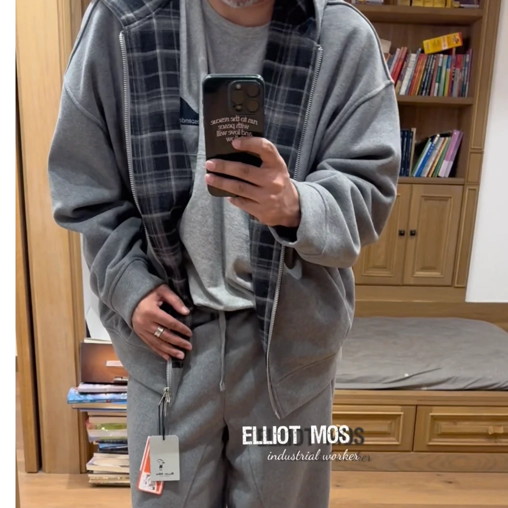 Elliot Mos美式小众~Splicing Hoodie 格纹拼接加绒连帽卫衣-0615