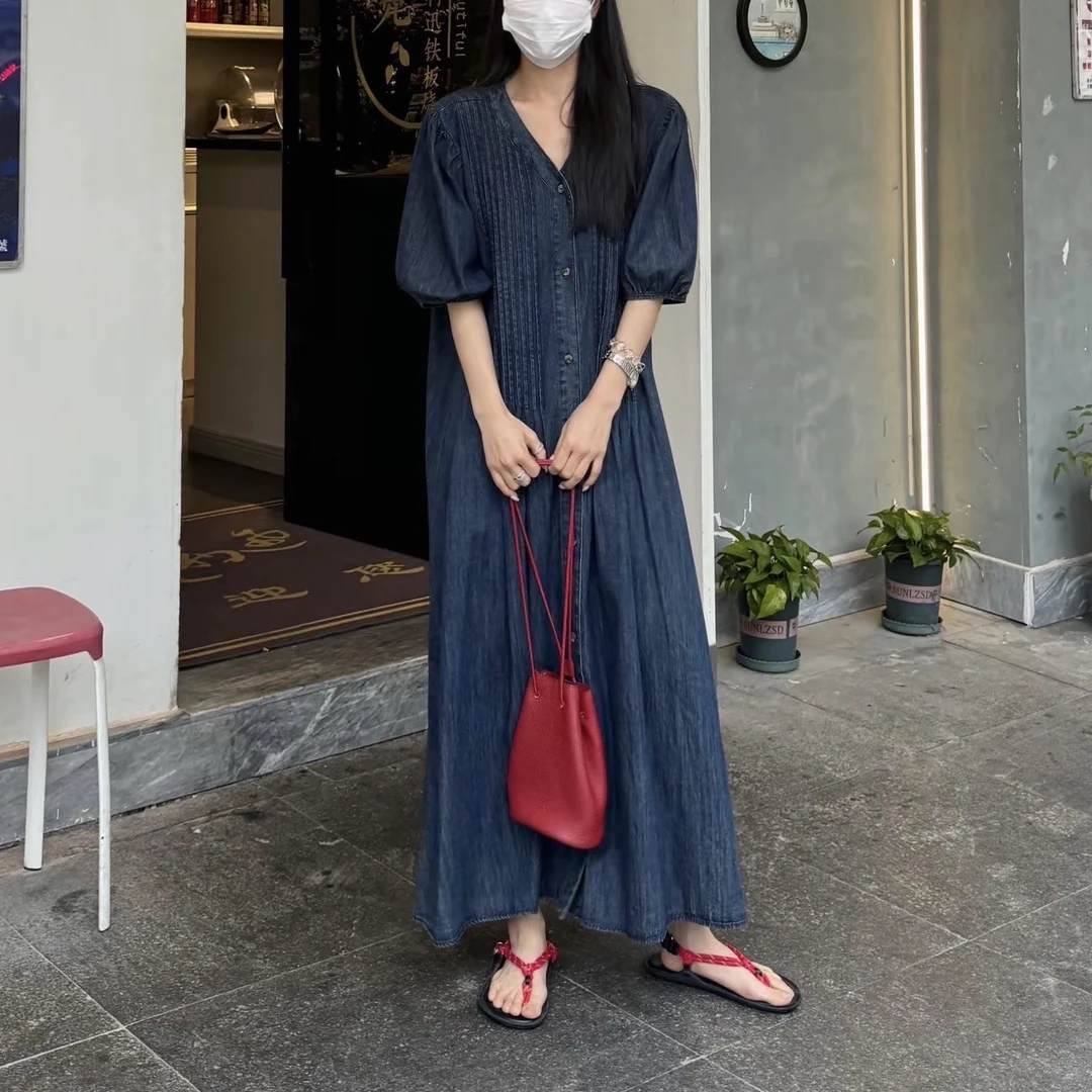 风琴~韩系显瘦压褶单排扣牛仔连衣裙