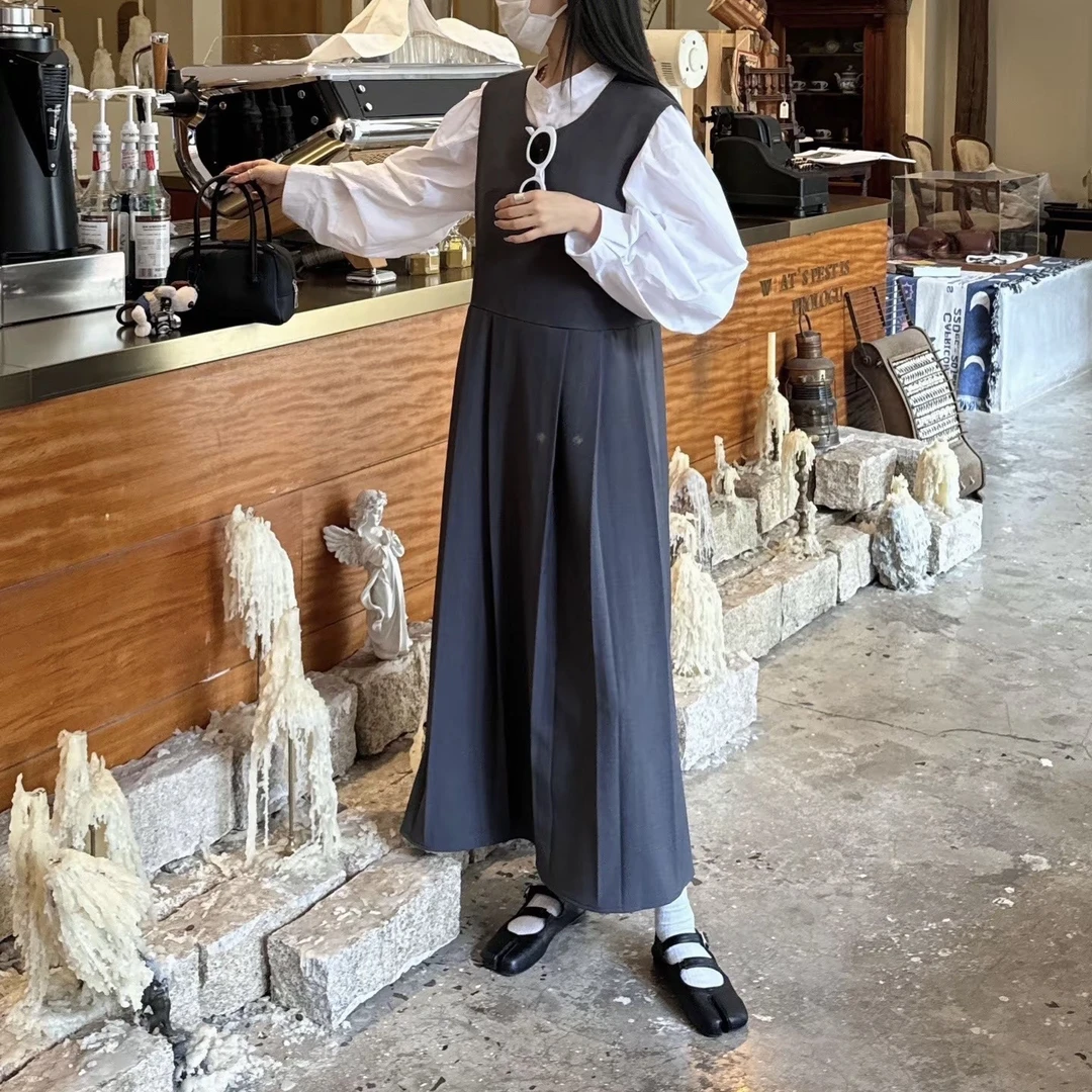 柏林少女～韩系圆领百褶系带背心裙