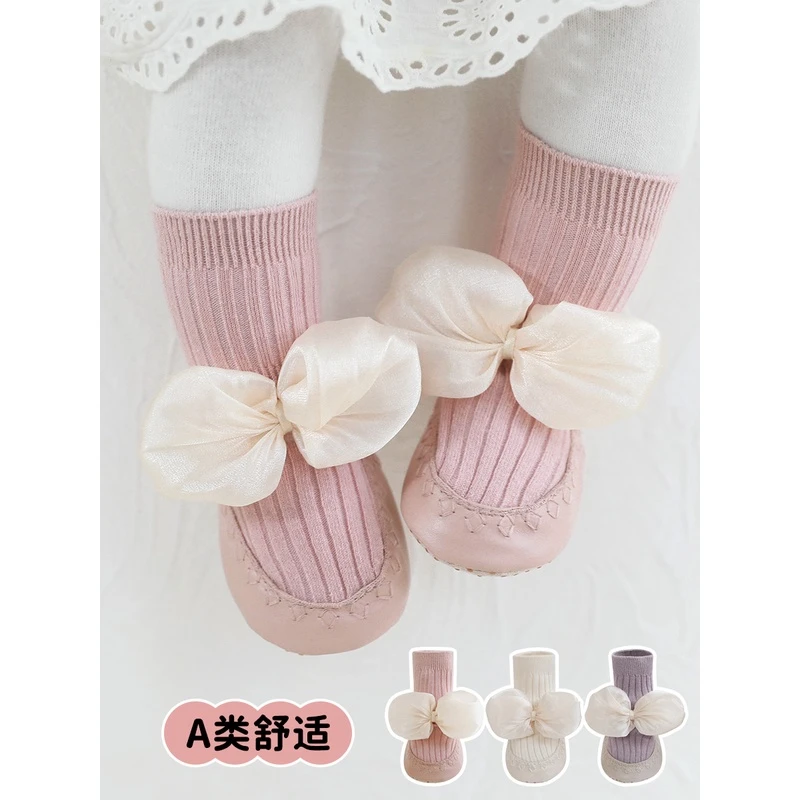 婴儿步前鞋子中筒袜子春秋防滑室内公主泡泡花软底点胶可爱鞋袜
