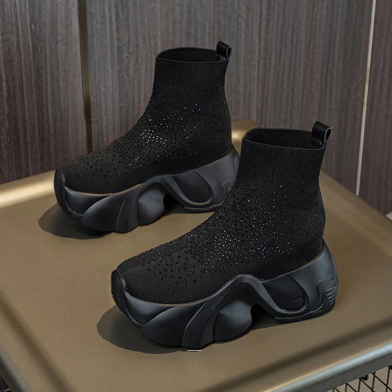 马丁靴女2023秋冬厚底松糕瘦瘦靴针织靴子高跟弹力袜子靴潮