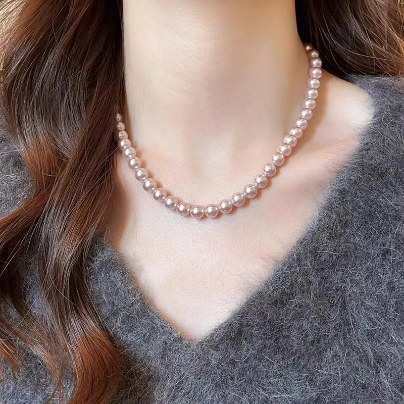 合金仿珍珠项链 曼塔玫瑰紫项链10mm气质妈妈百搭粉紫素款大点位