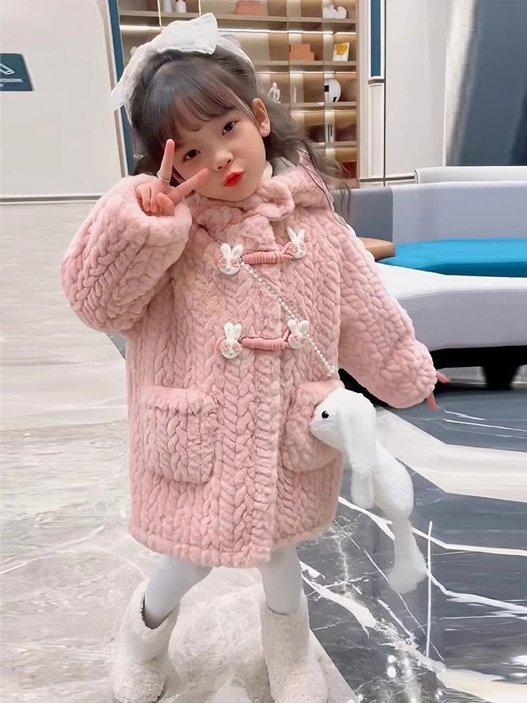 女童外套加绒秋冬款2023儿童冬季羊羔绒大衣宝宝中长款加厚毛毛衣
