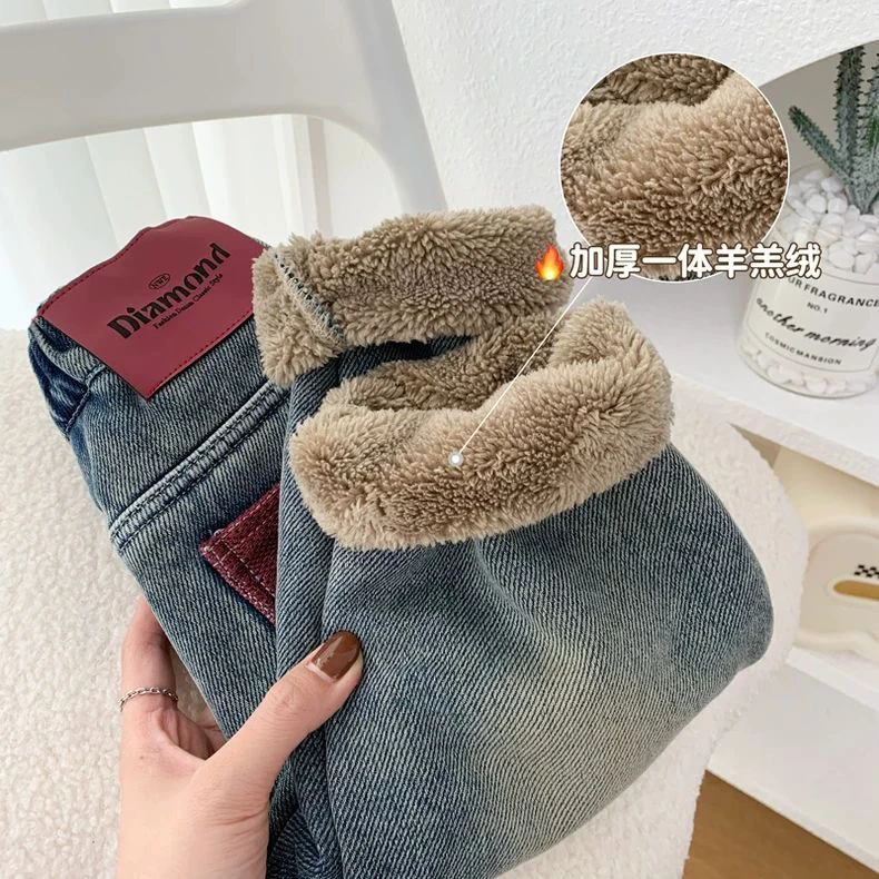 男童一体羊羔绒牛仔裤儿童加绒加厚裤子冬季北方一条过冬保暖长裤