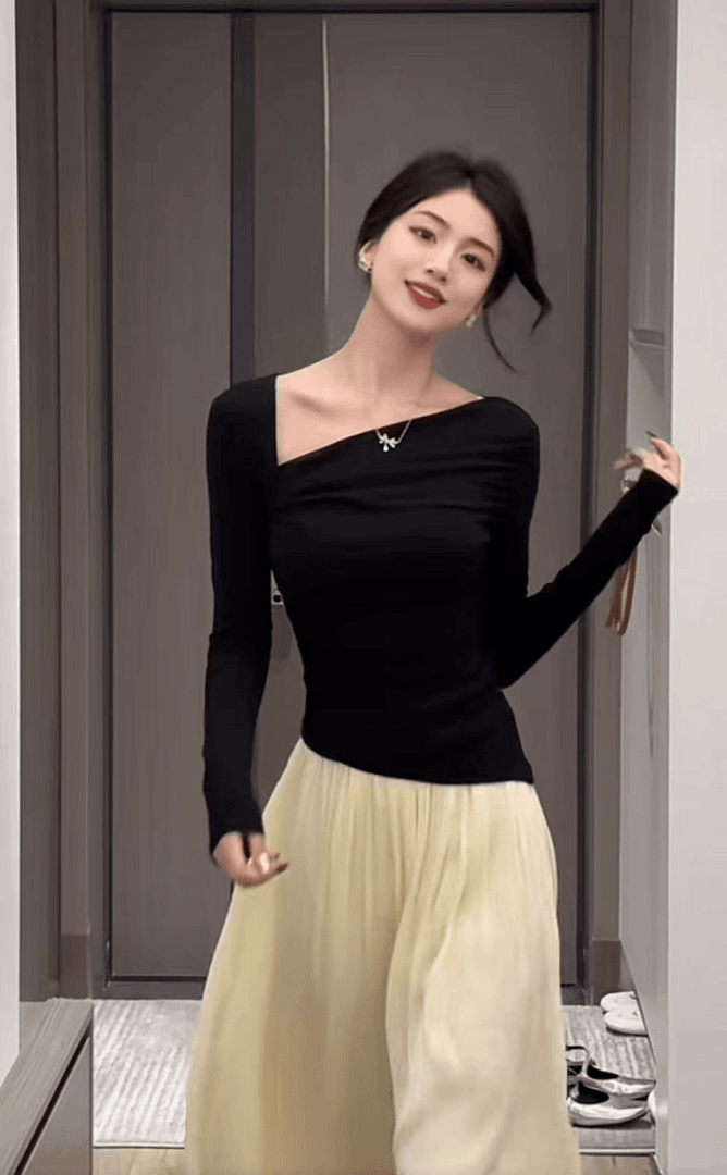 开春新款两件套斜肩上衣加高腰别致裙裤温柔淑女显瘦减龄时尚针织