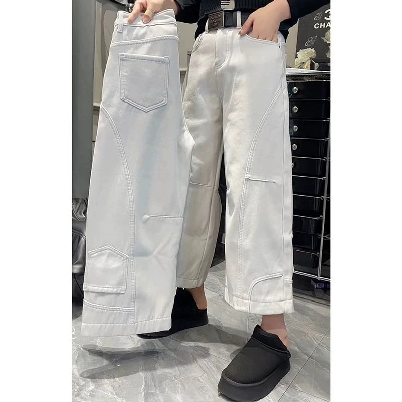 大码宽松显瘦牛仔裤女2024冬季加绒加厚新款小个子高腰直筒阔腿裤