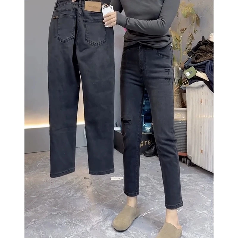 梨形女款女士显瘦大码九分直筒烟管牛仔裤女秋季新款弹力法棍裤子