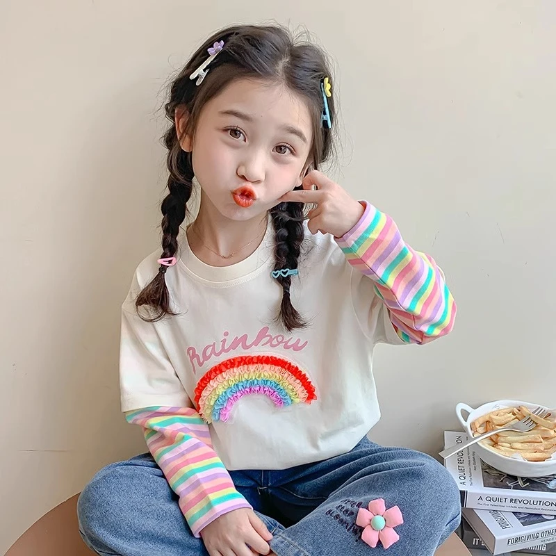 【立体装饰】女童长袖T恤2024春秋款儿童假两件上衣时尚打底衫