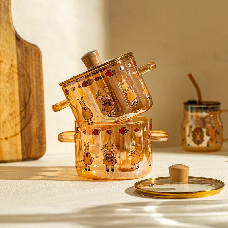 【粉丝专享】复古赫拉兔泡面碗带盖碗玻璃双耳汤碗家用耐高温饭碗