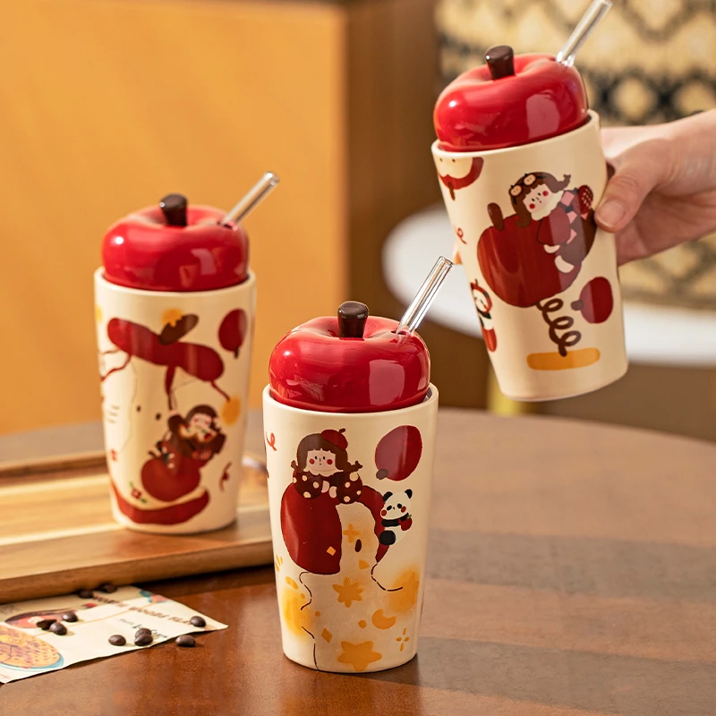 【摩登主妇】节日乔迁送礼苹果女孩陶瓷马克杯可爱水杯带盖吸管杯