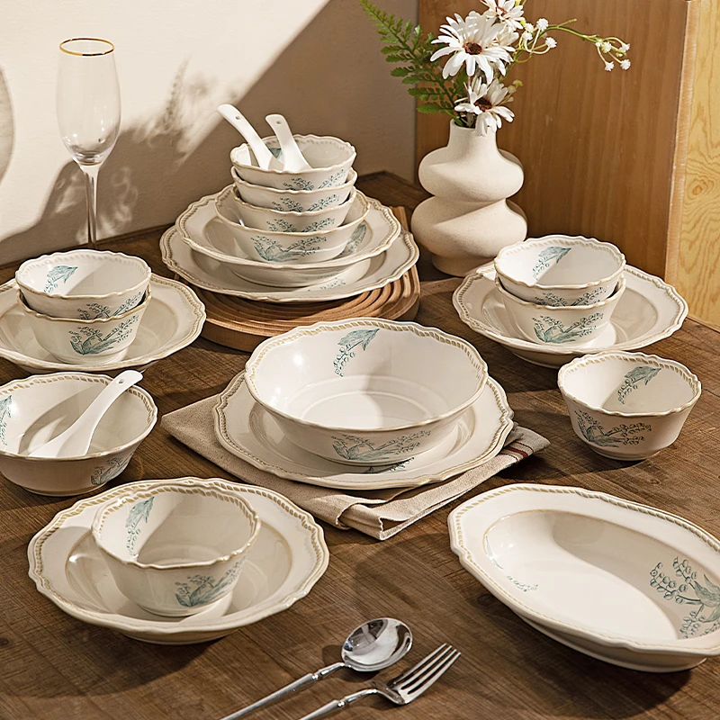 摩登主妇铃兰法式釉下彩盘碗碟乔迁新居送礼餐具碗盘套装