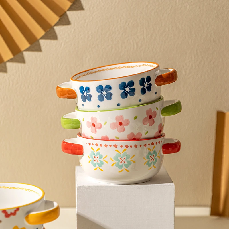 【特价产品】原创双耳陶瓷碗吃饭小碗家用早餐碗单个沙拉烘焙烤碗