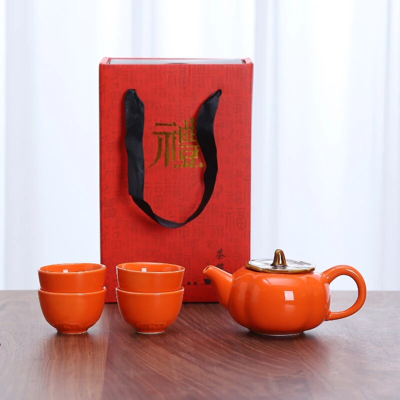 柿柿如意家用高档简约中国红伴手礼茶杯茶壶礼盒装创意茶具套装