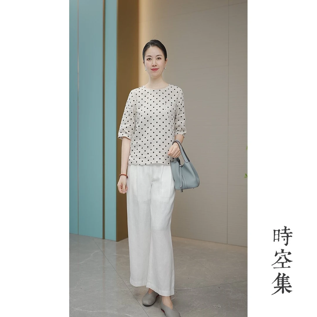 【时空集】100%亚麻经典款式贵妇新款气质七分袖短T恤0005时尚休闲