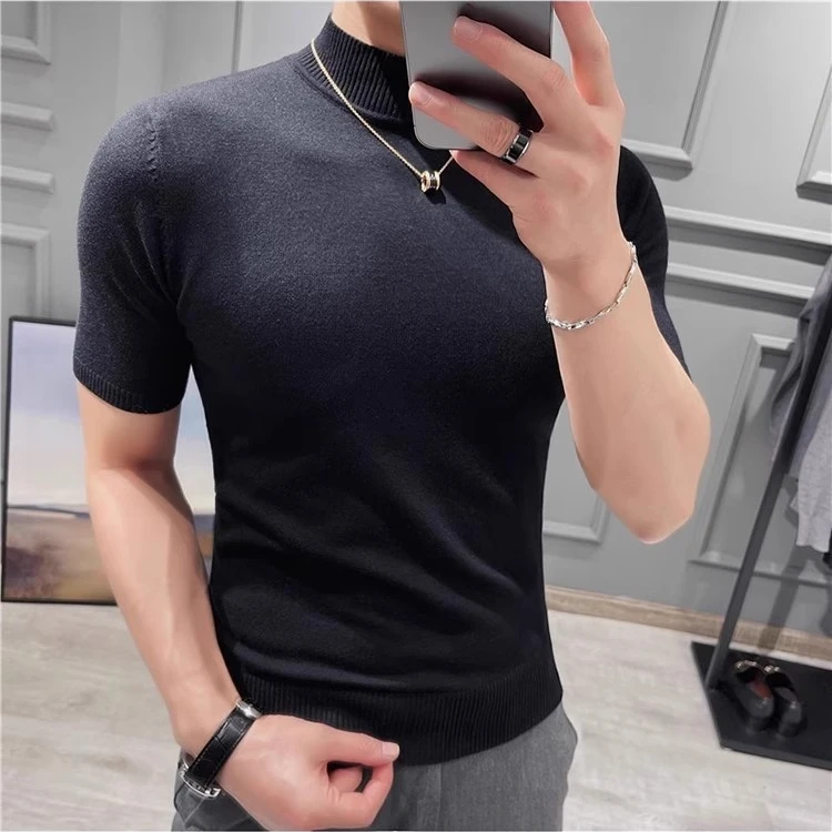 秋冬韩版修身短袖半高领套头针织休闲T恤