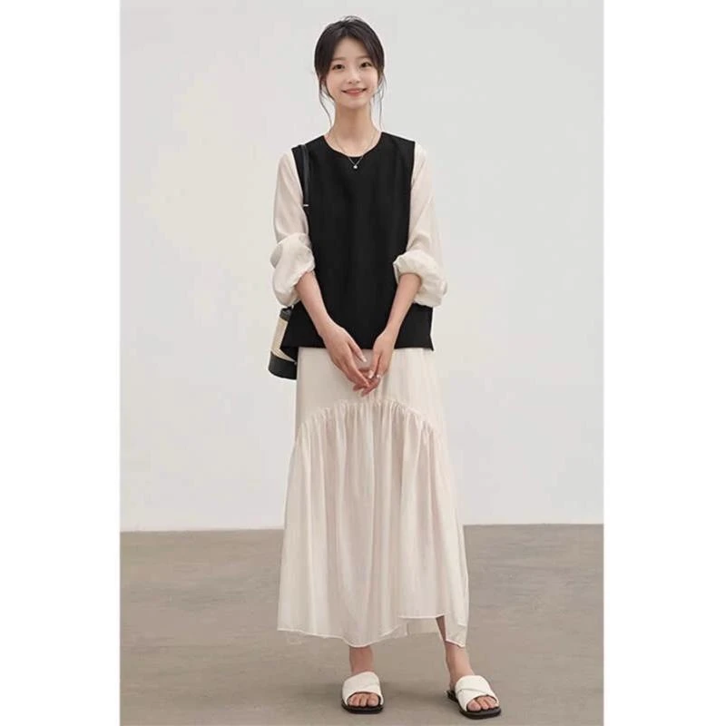 2024秋新款小众设计法式V领宽松长袖连衣裙女+开又西装马甲两件套