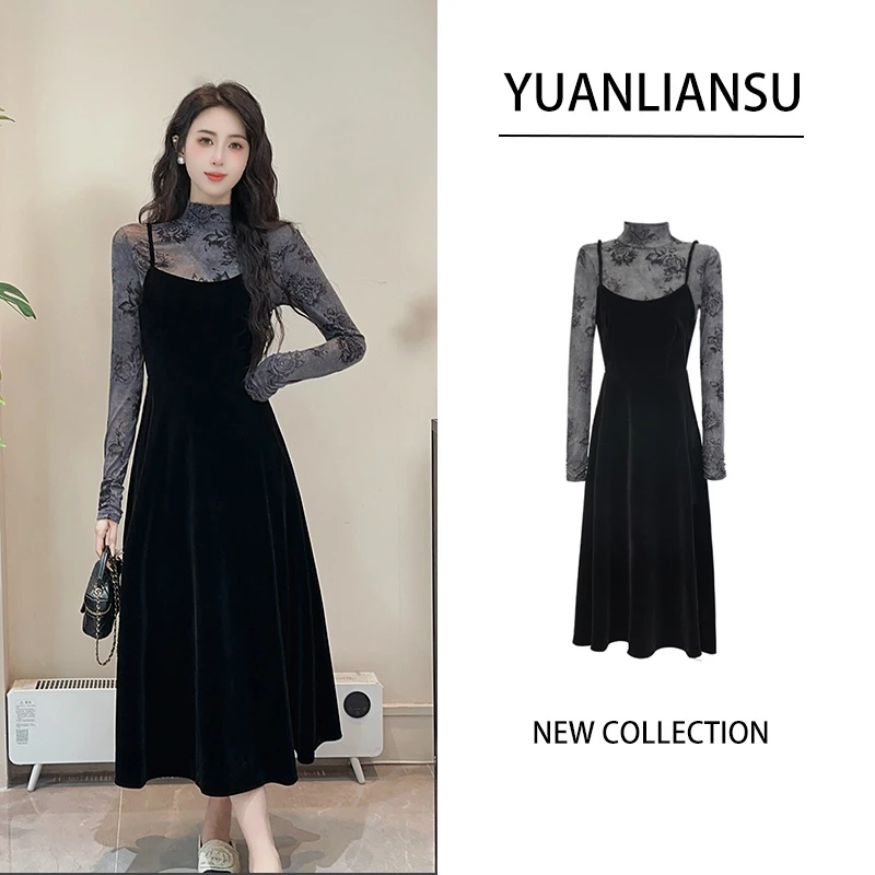 YUANLIANSU/圆脸酥【 辞山暮晚】法式复古长袖+吊带连衣裙两件套