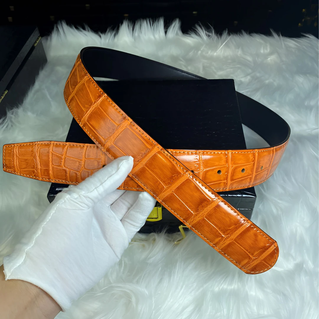 百搭奢侈潮流男士高档休闲商务时尚经典男款鳄鱼腰带橙色