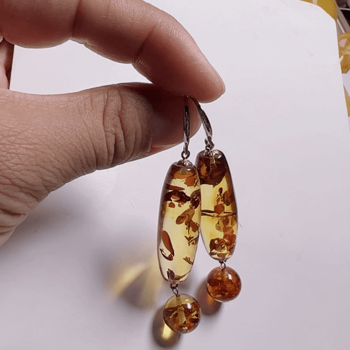 琥珀（花珀）耳饰银S925镶嵌