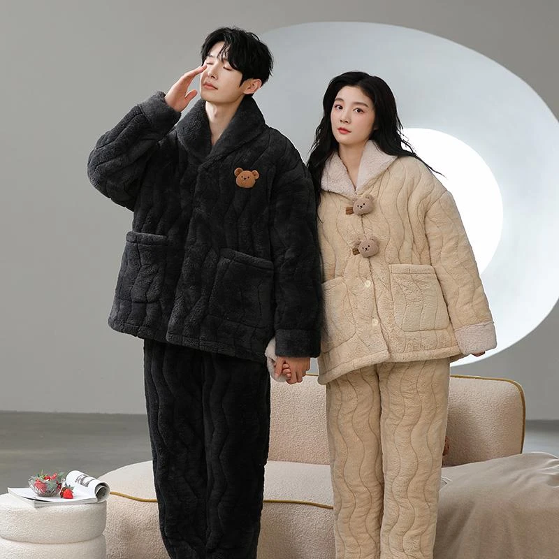 情侣睡衣秋冬季珊瑚绒一男一女加厚加绒三层夹棉可外穿家居服套装