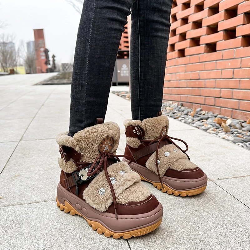 抗寒保暖加绒雪地靴女冬季厚底老爹鞋增高女鞋棉鞋鞋子时尚拼色