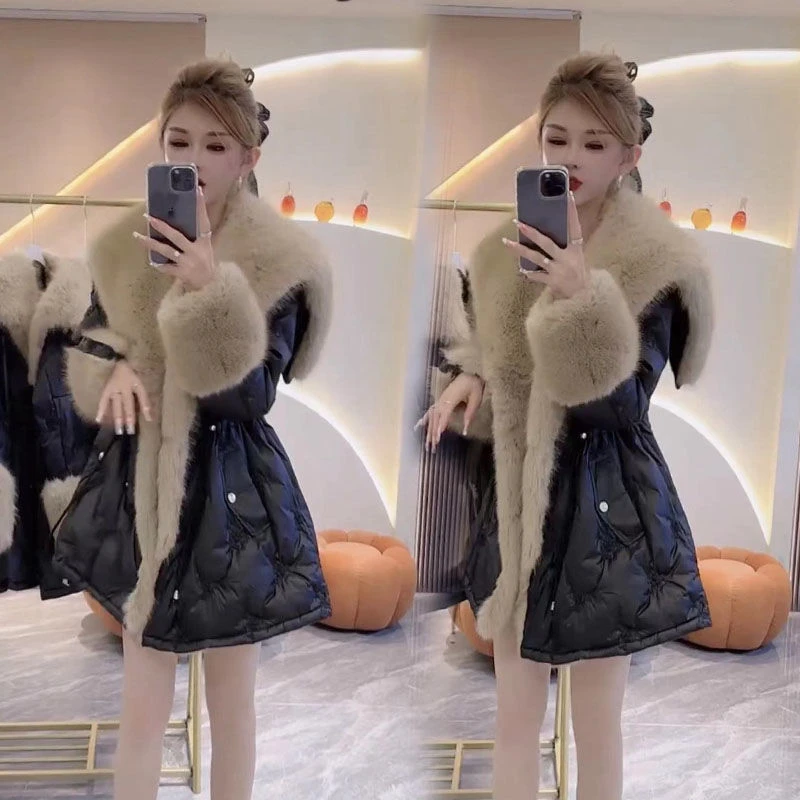 2025冬新款韩版时尚天使之翼大毛领白鸭绒棉服女收腰中长款外套