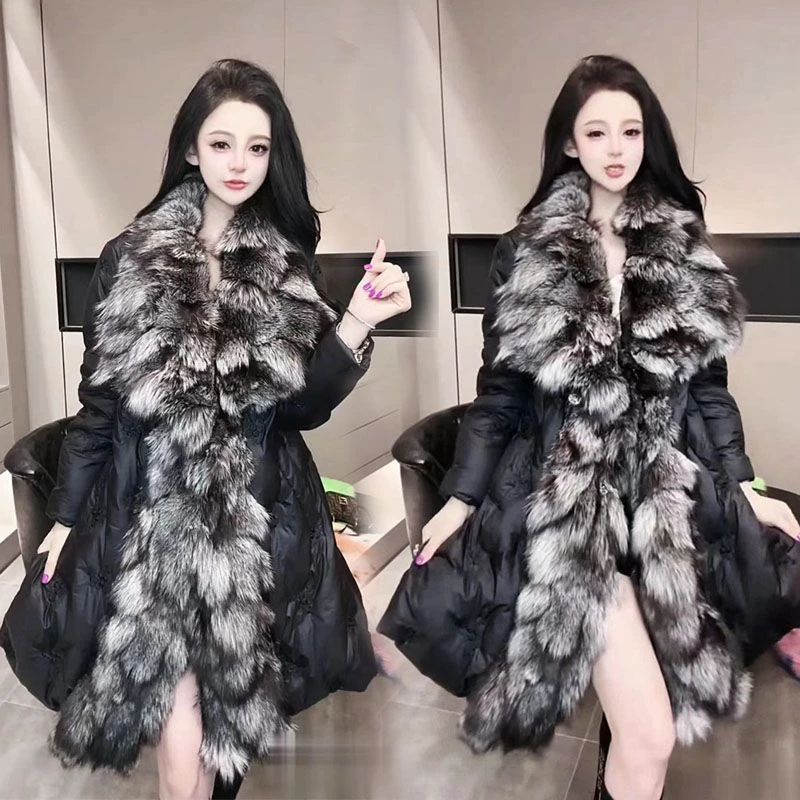 欧货冬季新款银狐狸大毛领白鸭绒羽绒服女中长款名媛气质风衣外套