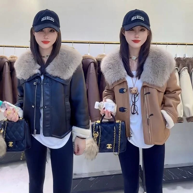 欧货加绒加厚保暖皮毛一体外套女冬季新款韩版时髦PU富家千金