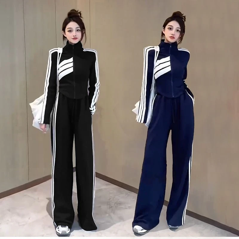 欧货2024新款韩版休闲运动服套装女立领修身显瘦上衣阔腿裤两件套