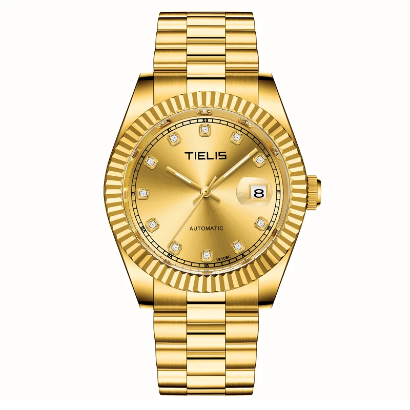 【福利补贴】真金镶钻经典自动机械表 全金色钢带日历男士奢华手表
