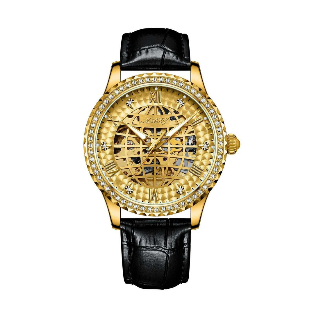 耐瑞系列自动机械表 镶钻双面镂空金面男士手表